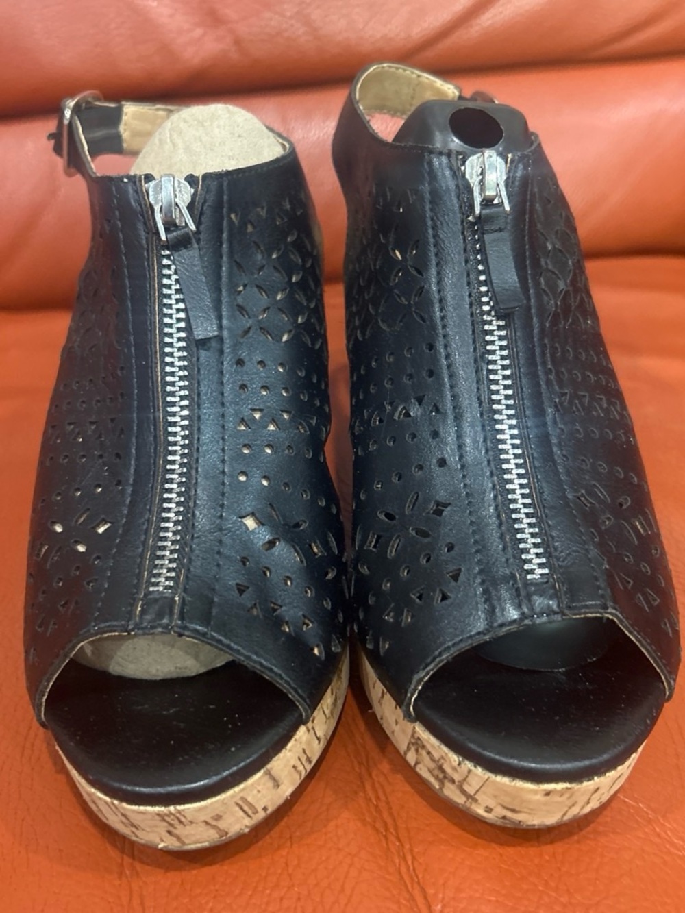Diba Black Perforated Peep-Toe Wedge Sandals with Front Zipper